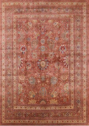 7' x 10' Mid-Century Modern Sunrise Orange Oriental Area Rug full top view showcasing the detailed floral motifs, ornate medallion elements, and decorative border design.