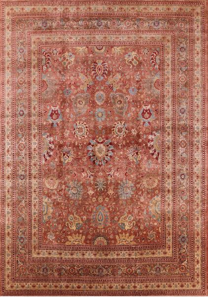 7' x 10' Mid-Century Modern Sunrise Orange Oriental Area Rug full top view showcasing the detailed floral motifs, ornate medallion elements, and decorative border design.