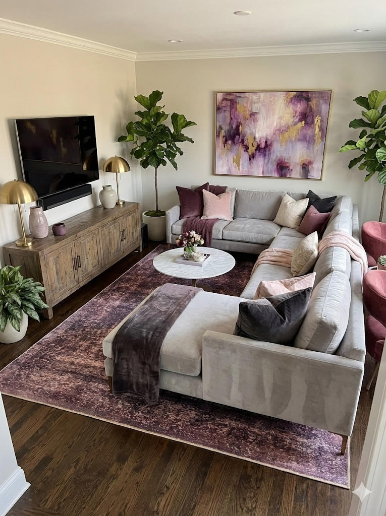 7' x 10' Purple and Subtle Gray Tones Distressed Modern Rectangular Area Rug placed in a contemporary living room beneath a light gray sectional sofa with blush and plum accents.