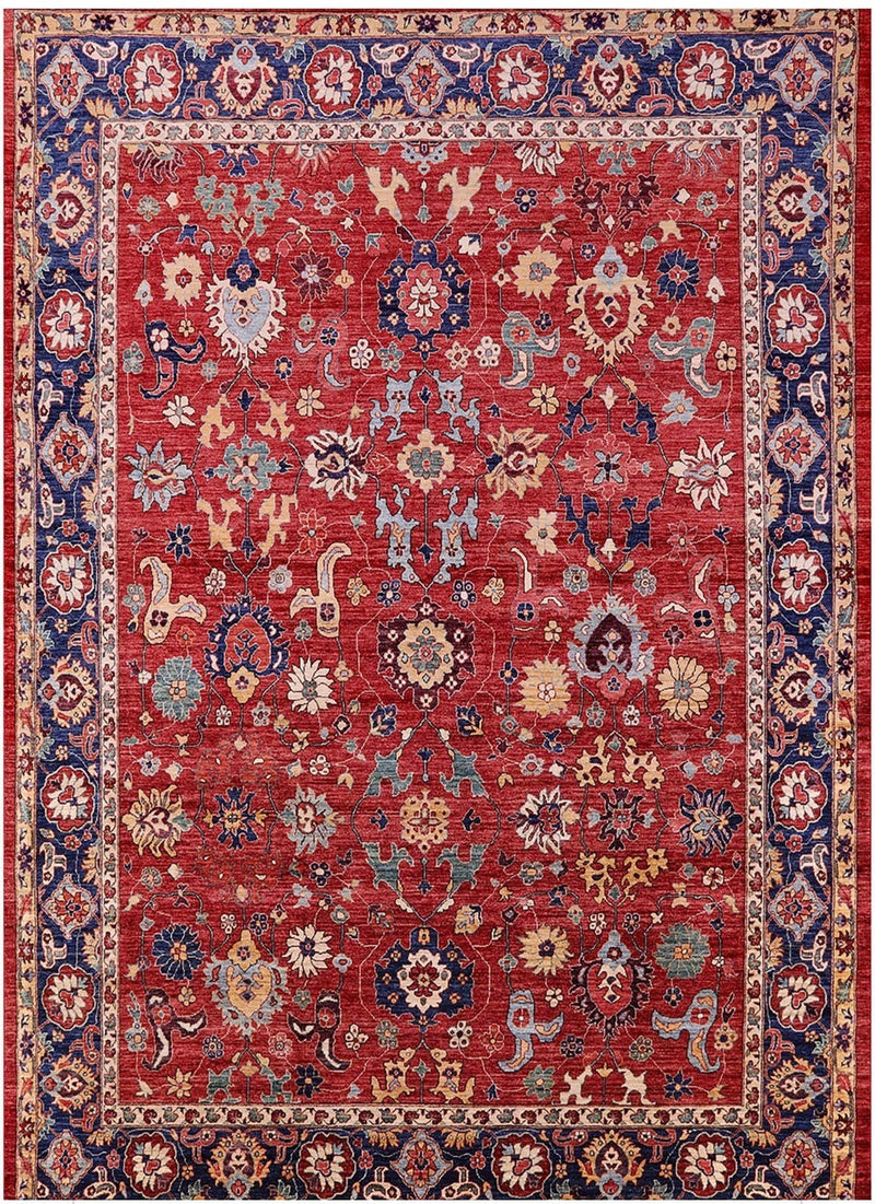 7' x 10' Rectangle Red & Navy Floral Traditional Washable Area Rug displayed on a clean background highlighting the intricate floral motifs and classic border design.