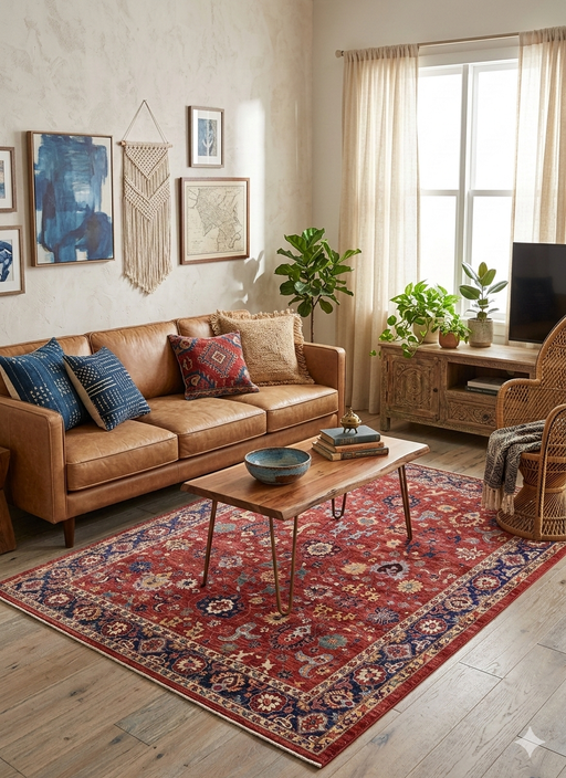 7' x 10' Rectangle Red & Navy Floral Traditional Washable Area Rug styled in a welcoming living room with a leather sofa, wood coffee table, and boho-inspired décor.