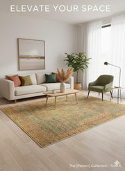 7' x 10' Rectangular Antique Gold Green Brown Distressed Medallion Vintage Washable Area Rug styled in a bright modern living room with a beige sofa, olive green armchair, light wooden coffee table, and indoor plants.