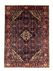 7' x 10' Rectangular Black & Burgundy Floral Medallion Traditional Oriental Area Rug featuring a dark floral field, central gold medallion, and ornate burgundy border.