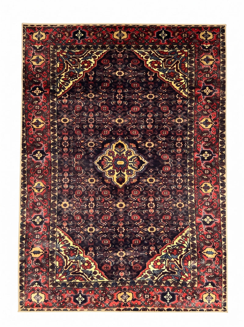 7' x 10' Rectangular Black & Burgundy Floral Medallion Traditional Oriental Area Rug featuring a dark floral field, central gold medallion, and ornate burgundy border.
