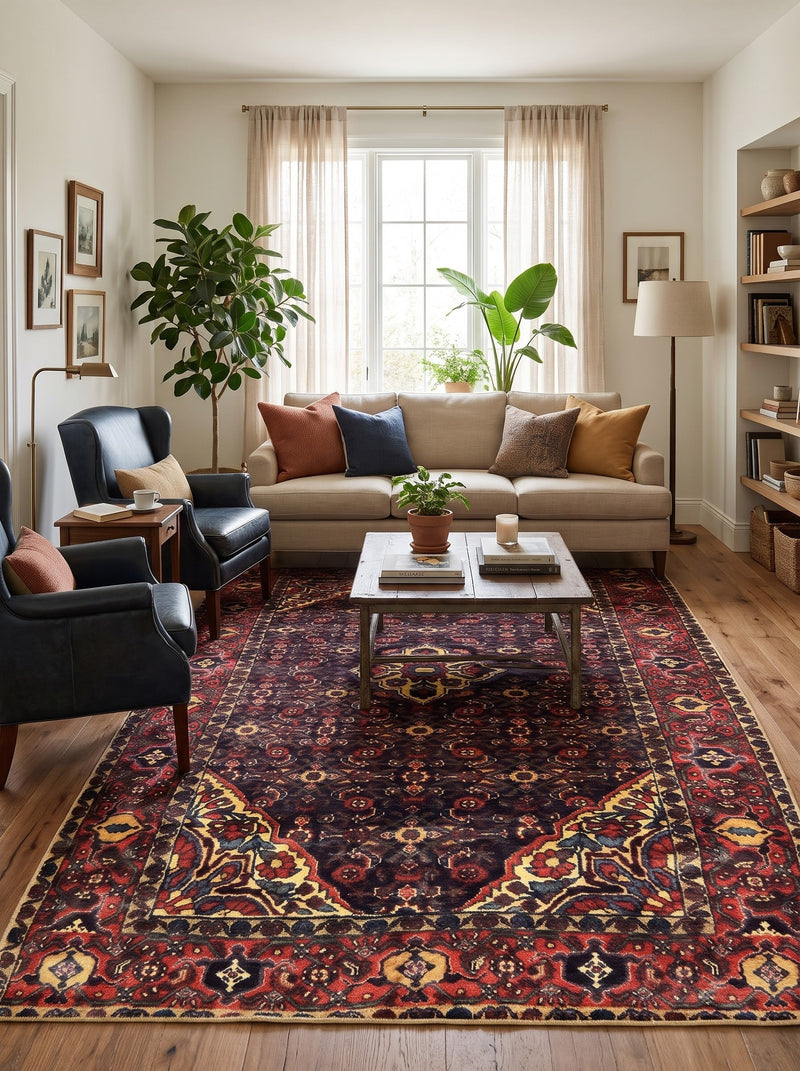 7' x 10' Rectangular Black & Burgundy Floral Medallion Traditional Oriental Area Rug styled in a living room with a beige sofa and black accent chairs.