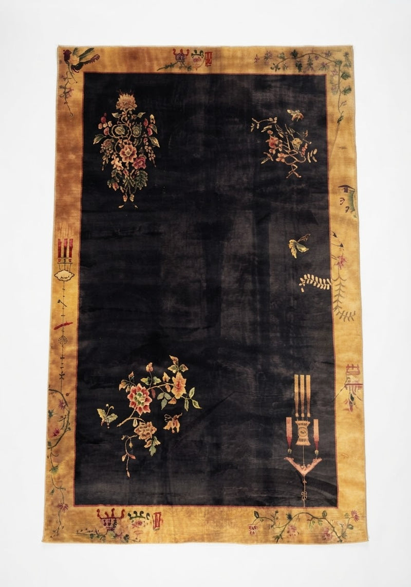 7' x 10' Rectangular Black Gold Floral Botanical Traditional Oriental Area Rug displayed on a white background, featuring a black center, gold border, and colorful floral designs.