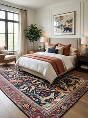 7' x 10' Rectangular Black Red Multicolor Pictorial Animal Floral Traditional Oriental Area Rug styled in a bedroom with a beige bed and white bedding.