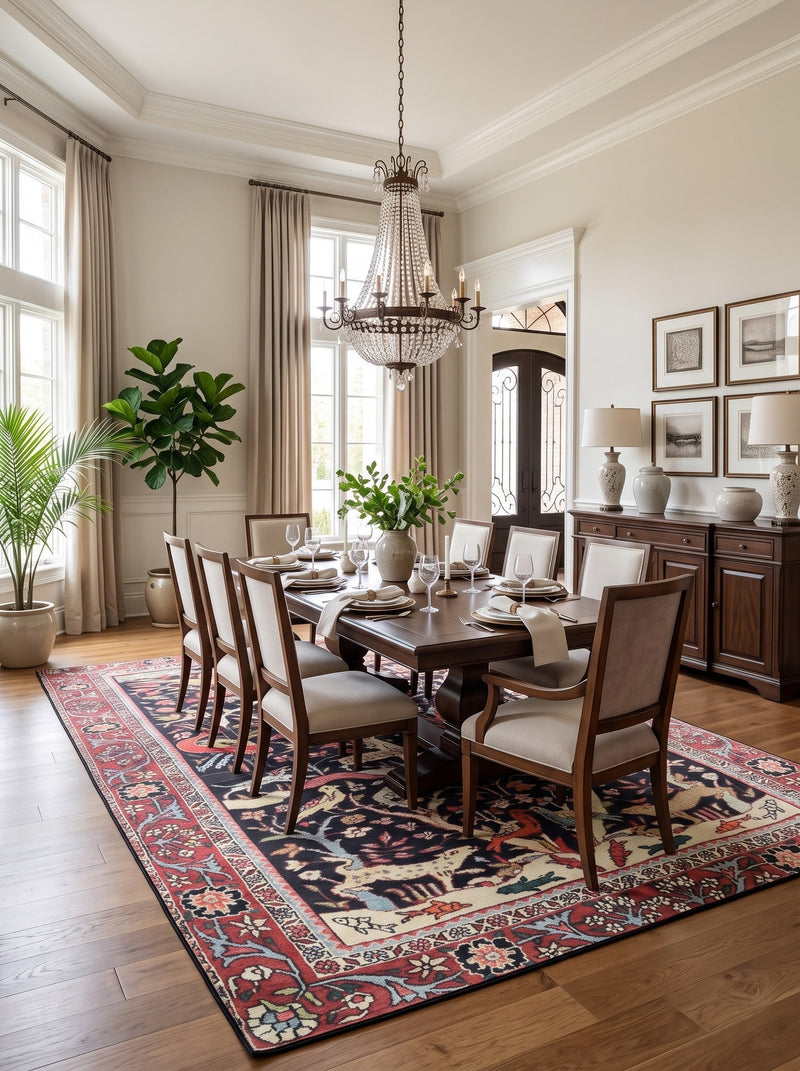 7' x 10' Rectangular Black Red Multicolor Pictorial Animal Floral Traditional Oriental Area Rug styled in a dining room with a wooden dining table and beige upholstered chairs.
