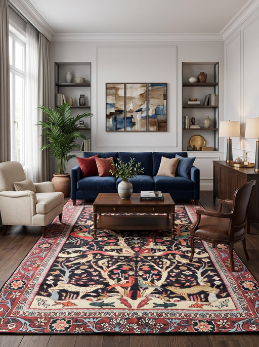 7' x 10' Rectangular Black Red Multicolor Pictorial Animal Floral Traditional Oriental Area Rug styled in a living room with a navy blue sofa and wooden coffee table.