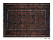 7' x 10' Rectangular Black & Rust Brown Distressed Geometric Tribal Traditional Area Rug featuring intricate tribal motifs and layered geometric borders, displayed in product view.