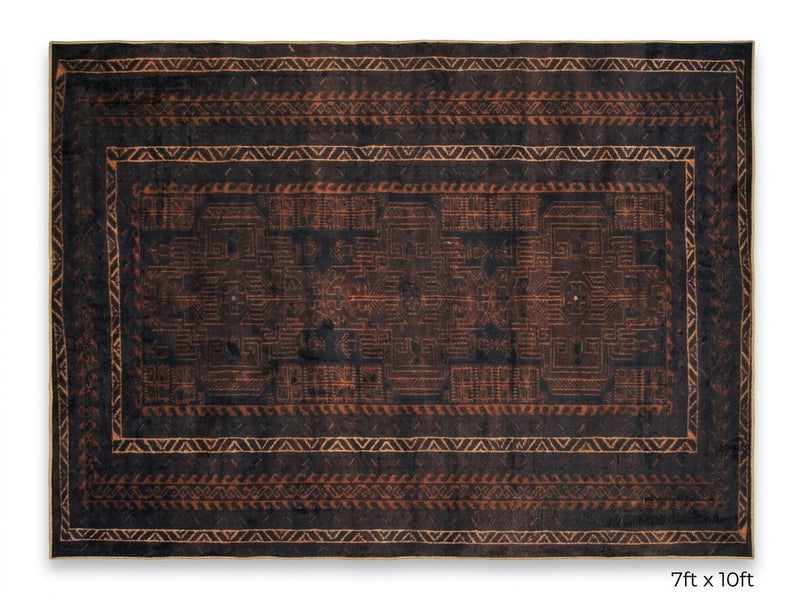 7' x 10' Rectangular Black & Rust Brown Distressed Geometric Tribal Traditional Area Rug featuring intricate tribal motifs and layered geometric borders, displayed in product view.