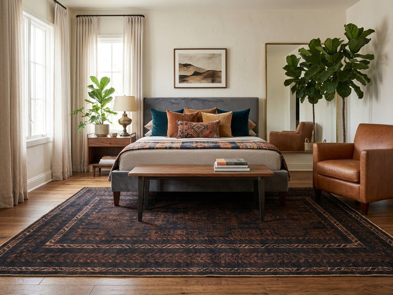 7' x 10' Rectangular Black Rust Brown Distressed Geometric Tribal Traditional Area Rug styled in a bedroom with a gray upholstered bed and wooden bench.