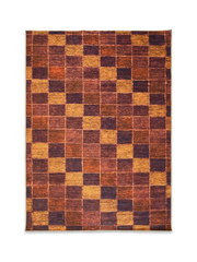 7' x 10' Rectangular Brown & Rust Checkered Geometric Modern Washable Area Rug isolated on a white background.