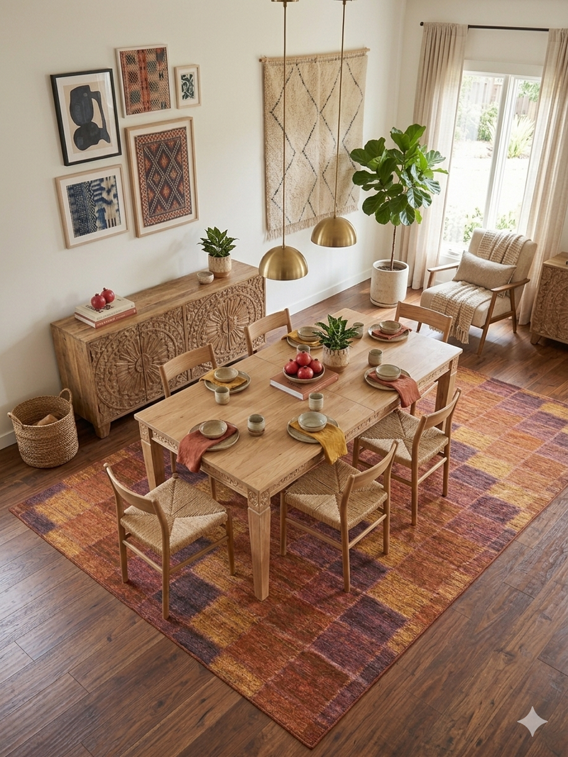7' x 10' Rectangular Brown & Rust Checkered Geometric Modern Washable Area Rug styled in a dining room with wood furniture and warm natural light.