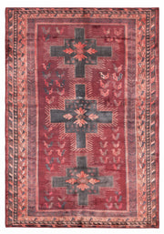 7' x 10' Rectangular Burgundy & Black Geometric Tribal Southwestern Area Rug featuring three bold cross-shaped medallions, rust accents, and decorative tribal borders.
