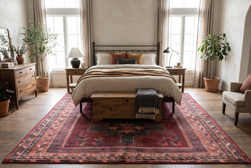 7' x 10' Rectangular Burgundy & Black Geometric Tribal Southwestern Area Rug placed beneath a bed with cream bedding and a wooden bench.