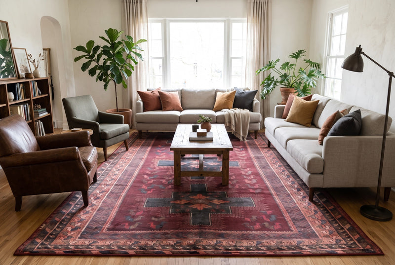 7' x 10' Rectangular Burgundy & Black Geometric Tribal Southwestern Area Rug styled in a living room with beige sofas and a wooden coffee table.