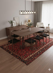 7' x 10' Rectangular Deep Brick Red & Multi Color Traditional Medallion Washable Area Rug styled in a contemporary dining room under a wooden dining table with black chairs.