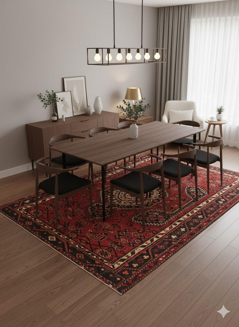 7' x 10' Rectangular Deep Brick Red & Multi Color Traditional Medallion Washable Area Rug styled in a contemporary dining room under a wooden dining table with black chairs.