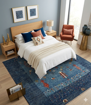 7' x 10' Rectangular Gray & Blue Solid Textured Modern Area Rug placed beneath a bed in a modern bedroom.