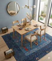 7' x 10' Rectangular Gray & Blue Solid Textured Modern Area Rug styled under a dining table in a bright dining room.
