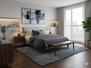 7' x 10' Rectangular Gray Charcoal Distressed Abstract Modern Washable Area Rug placed under a bed in a modern bedroom with layered gray bedding and sleek furnishings.