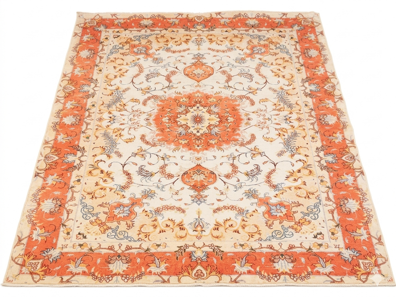 7' x 10' Rectangular Ivory Coral Floral Medallion Traditional Area Rug isolated on a white background.