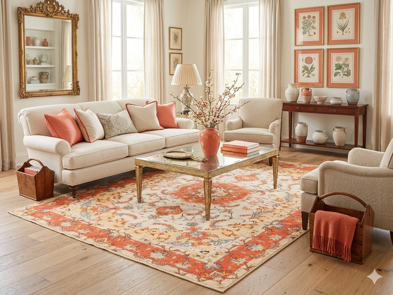 7' x 10' Rectangular Ivory & Coral Floral Medallion Traditional Area Rug styled in an elegant traditional living room.