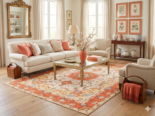 7' x 10' Rectangular Ivory & Coral Floral Medallion Traditional Area Rug styled in an elegant traditional living room.