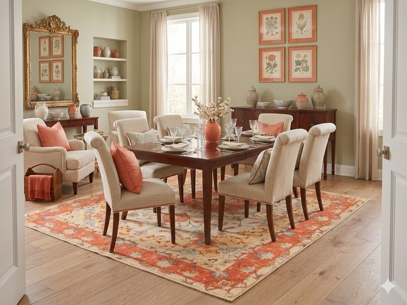 7' x 10' Rectangular Ivory & Coral Floral Medallion Traditional Area Rug styled under a formal dining table in a sophisticated dining room.
