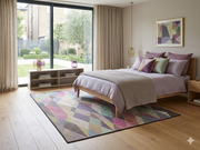 7' x 10' Rectangular Multicolor Geometric Abstract Modern Washable Area Rug styled in a bedroom with lavender bedding, a wooden bed frame, and modern decor.