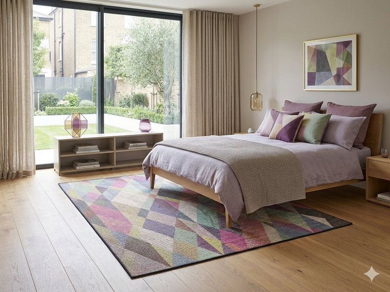 7' x 10' Rectangular Multicolor Geometric Abstract Modern Washable Area Rug styled in a bedroom with lavender bedding, a wooden bed frame, and modern decor.