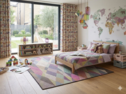 7' x 10' Rectangular Multicolor Geometric Abstract Modern Washable Area Rug styled in a kids' bedroom with a wooden bed, colorful bedding, and playful decor.