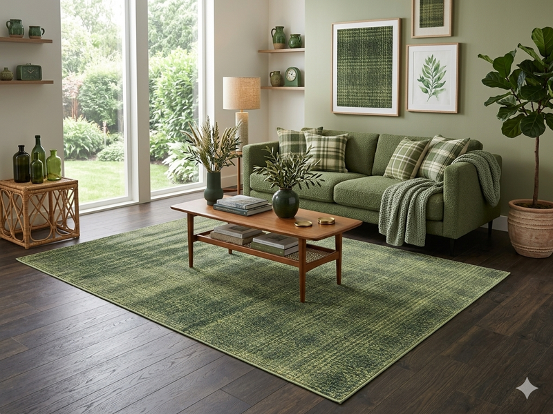 7' x 10' Rectangular Olive Green Textured Plaid Modern Area Rug styled in a cozy living room with sage green furnishings and natural wood accents.