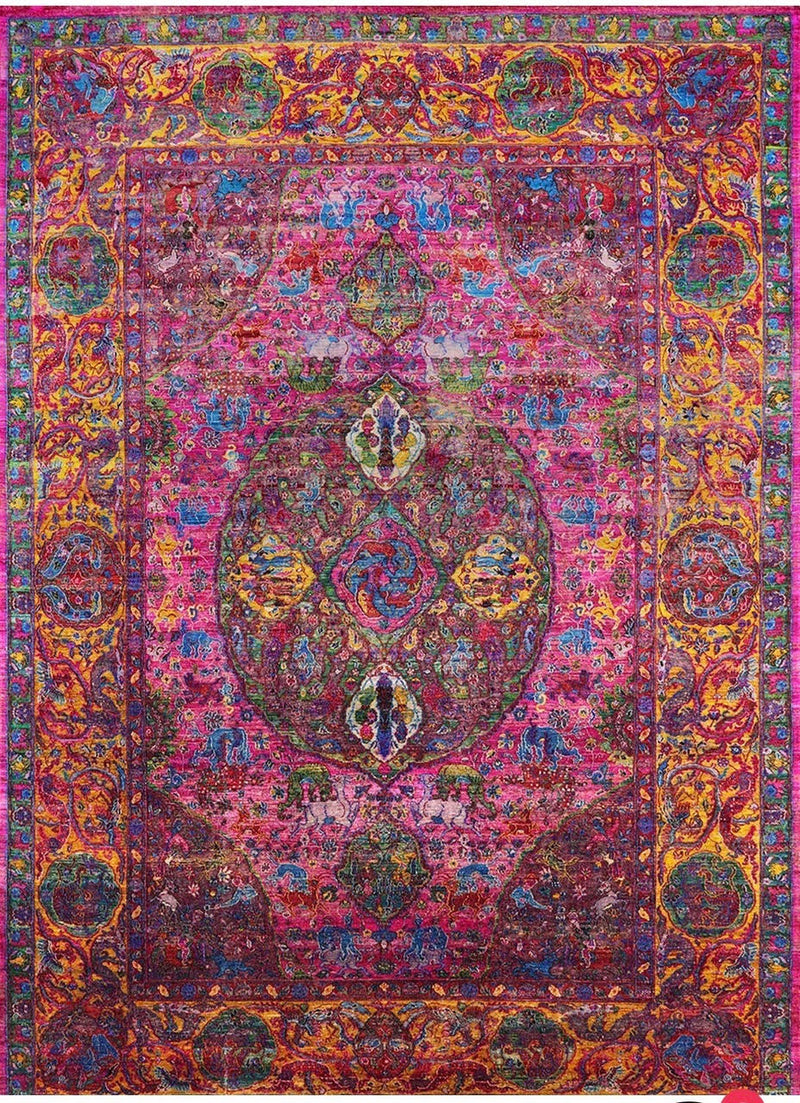 7' x 10' Rectangular Pink Multi Color Medallion Traditional Washable Area Rug displayed alone in a full flat lay view highlighting its intricate medallion and detailed border pattern.