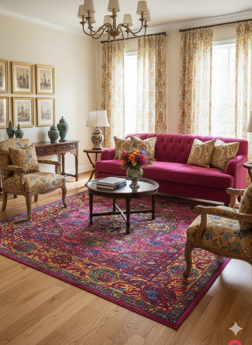 7' x 10' Rectangular Pink Multi Color Medallion Traditional Washable Area Rug placed / styled in a classic living room with a bright pink tufted sofa, patterned accent chairs, a round wood coffee table, and framed wall art.
