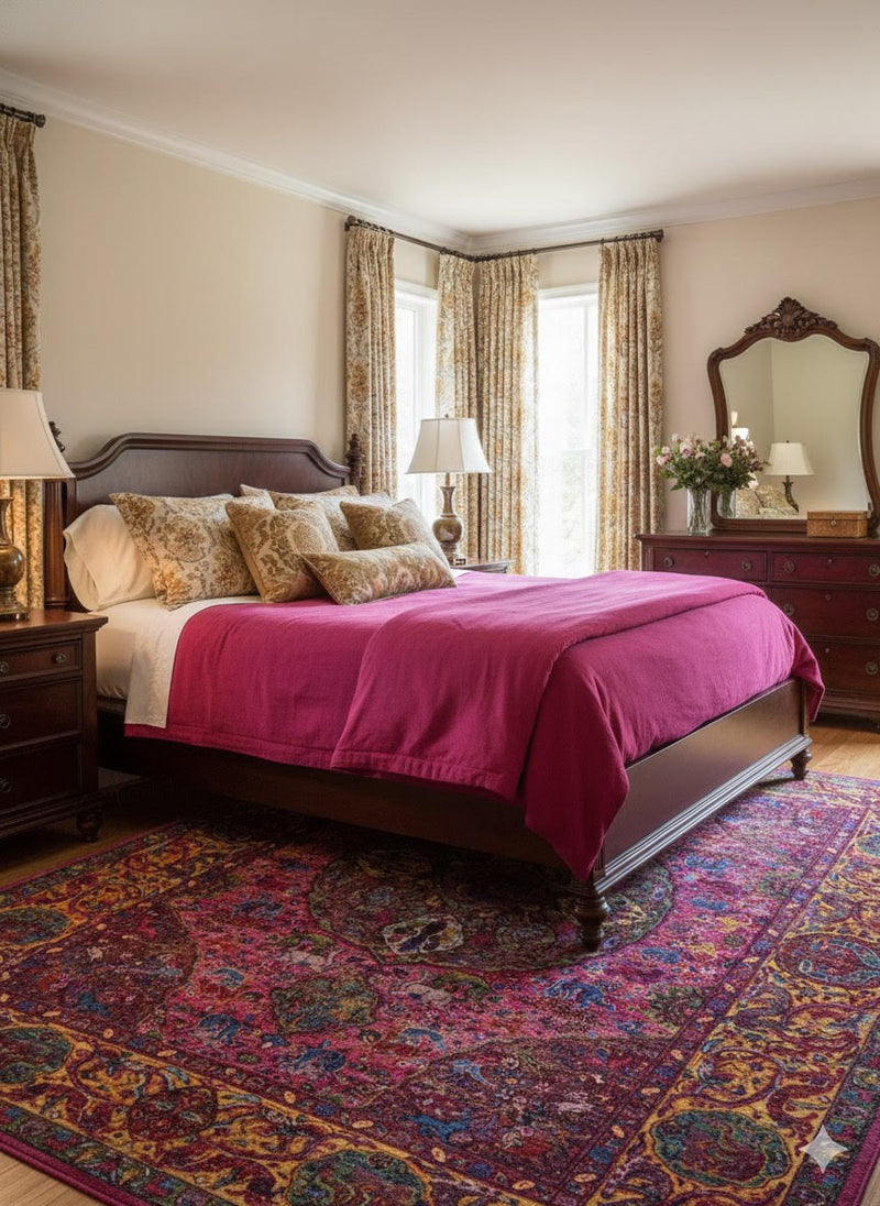 7' x 10' Rectangular Pink Multi Color Medallion Traditional Washable Area Rug placed / styled in a traditional bedroom beneath a dark wood bed frame with pink bedding, matching nightstands, and a wood dresser with mirror.