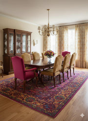 7' x 10' Rectangular Pink Multi Color Medallion Traditional Washable Area Rug placed / styled in a traditional dining room beneath a dark wood rectangular table with upholstered chairs, a brass chandelier, and a china cabinet.