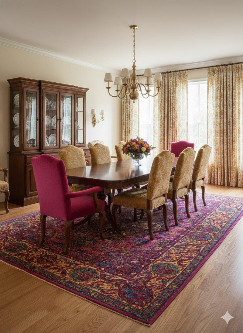 7' x 10' Rectangular Pink Multi Color Medallion Traditional Washable Area Rug placed / styled in a traditional dining room beneath a dark wood rectangular table with upholstered chairs, a brass chandelier, and a china cabinet.