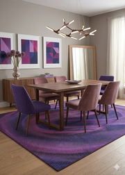 7' x 10' Rectangular Purple & Pink Abstract Modern Area Rug styled under a dining table in a sophisticated contemporary dining room.