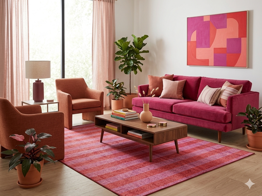 7' x 10' Rectangular Red Pink Striped Contemporary Area Rug styled in a modern living room with blush and magenta accents.