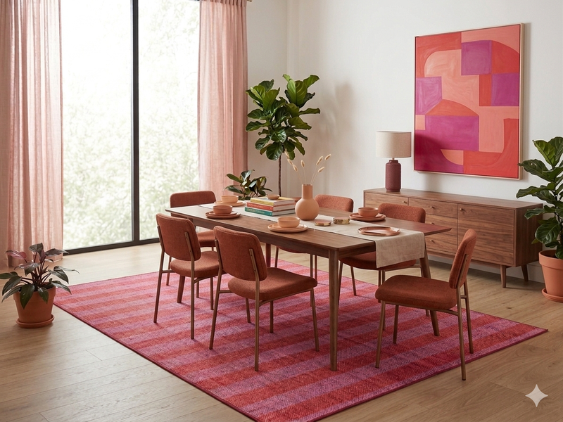 7' x 10' Rectangular Red Pink Striped Contemporary Area Rug styled under a dining table in a modern dining room.