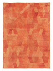 7' x 10' Rectangular Rust Orange & Peach Abstract Geometric Modern Contemporary Area Rug featuring overlapping geometric blocks and subtle textured patterns, displayed in product view.