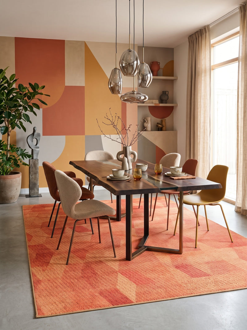 7' x 10' Rectangular Rust Orange Peach Abstract Geometric Modern Contemporary Area Rug styled in a dining room with a wooden dining table and upholstered chairs.