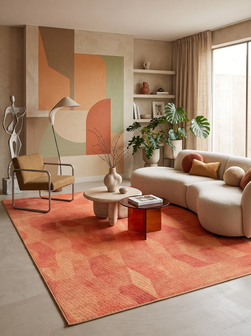 7' x 10' Rectangular Rust Orange Peach Abstract Geometric Modern Contemporary Area Rug styled in a living room with a cream sofa and round coffee table.