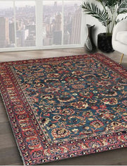 7' x 10' Red Multi Color Floral Traditional Persian Rug angled view emphasizing the low pile construction, decorative border, and classic traditional style.