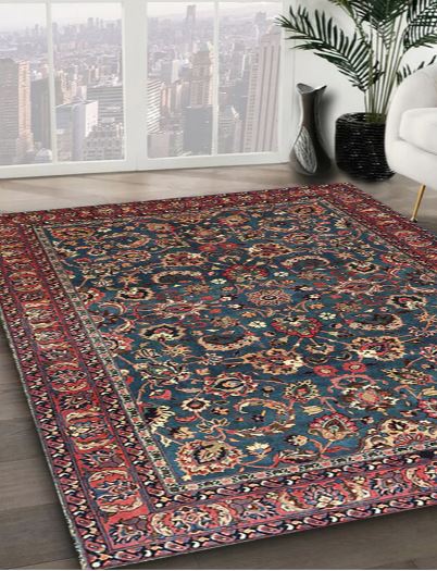 7' x 10' Red Multi Color Floral Traditional Persian Rug angled view emphasizing the low pile construction, decorative border, and classic traditional style.