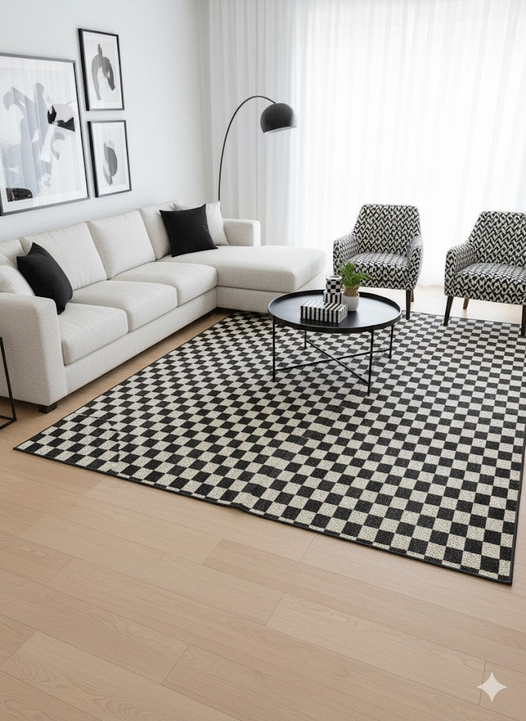 7' x 10' black and ivory off-white checkered geometric modern rectangular area rug placed under a round coffee table in a contemporary living room with neutral seating and bold monochrome accents.