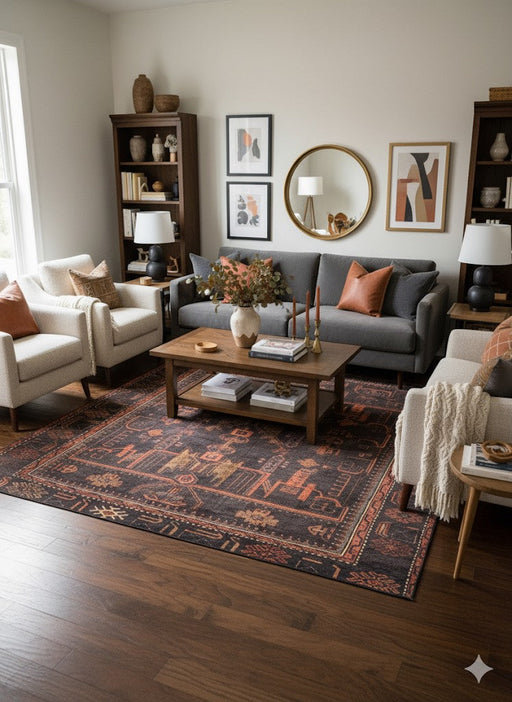 7' x 10' charcoal and burnt orange tribal geometric area rug placed under a wooden coffee table in a cozy living room with neutral seating and warm decor accents.