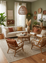 7' x 10' neutral warm beige and pale gray distressed pattern area rug placed beneath a coffee table in a light, contemporary living room with neutral furniture.